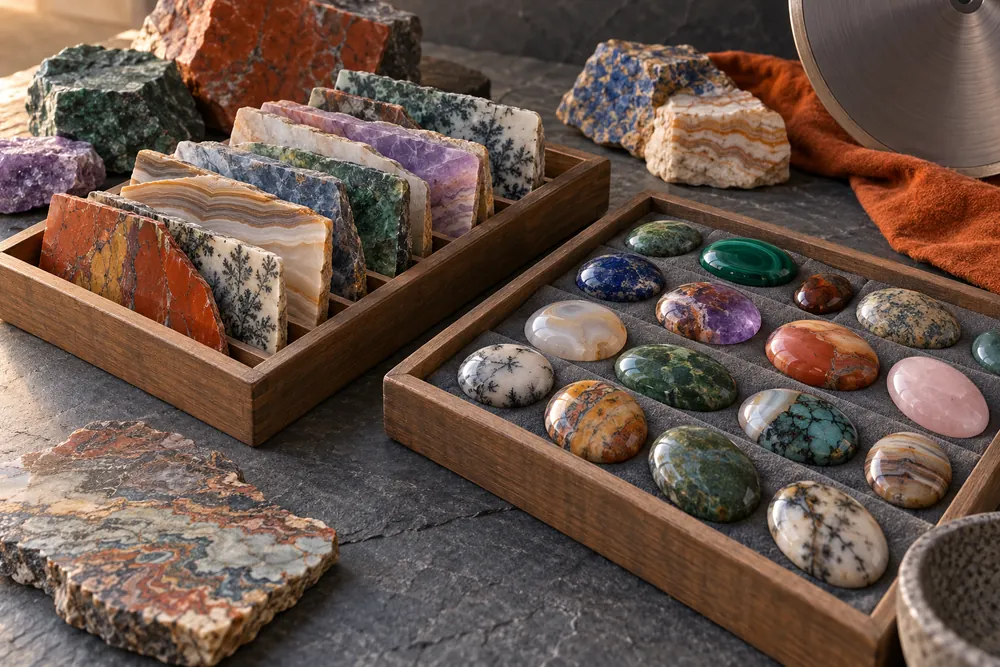 Editorial illustration of thin stone slabs and oval cabochon preforms organized in separate trays.