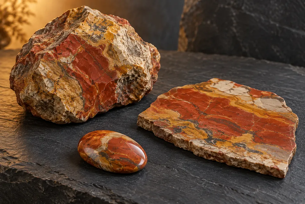 Editorial illustration of a large rough jasper nodule, a flat slab and a small oval preform displayed separately.