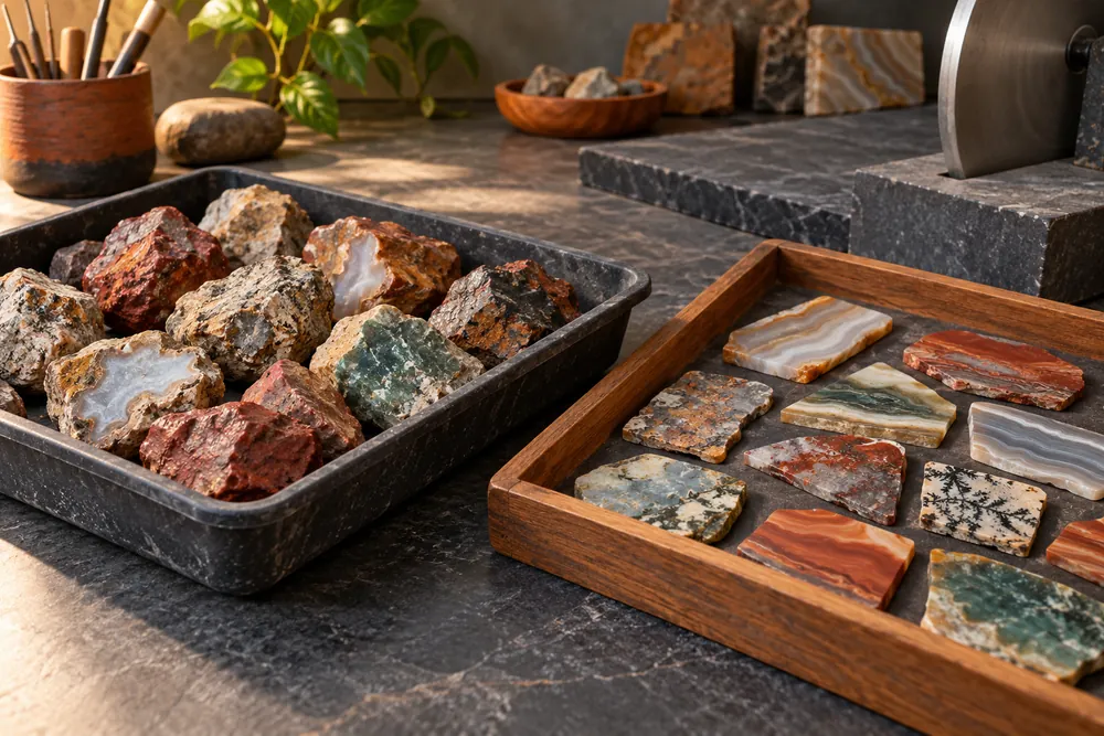 Editorial illustration of one tray of rough nodules and another tray of prepared small slabs on separate bench areas.