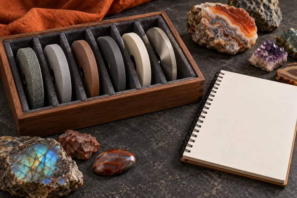 Editorial illustration of loose abrasive wheels in separate padded slots beside a blank parts notebook.