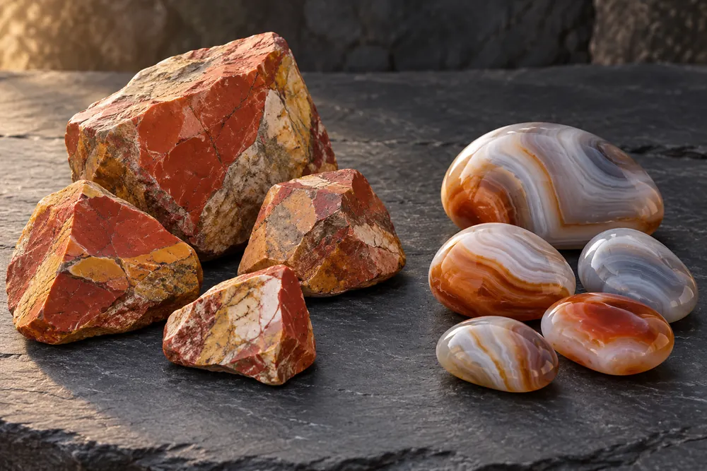 Editorial illustration of angular jasper pieces with rounded edges beside smoothly rounded agate pebbles, separate examples.