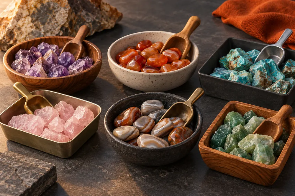 Editorial illustration of several small clean containers with separate batches of colorful stones and dedicated clean scoops.